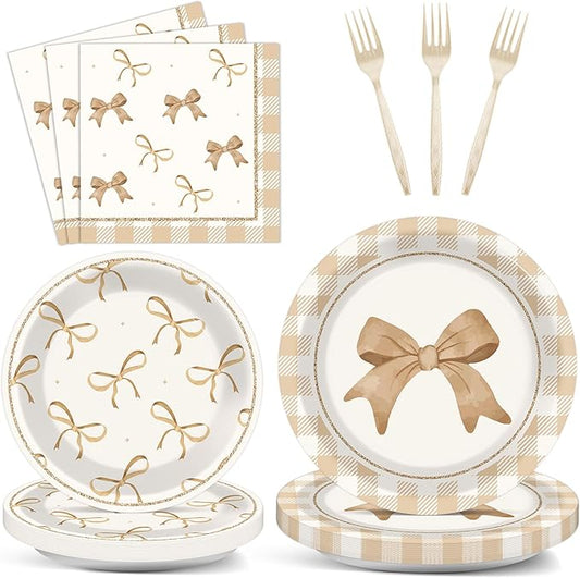 96Pcs Beige Plaid Bow Plates and Napkins Coquette Party Decorations Bow Theme Dessert Paper Plates Napkins Forks Birthday Tableware Set for 24 Guests Girls Boys Baby Shower Picnic BBQ Party Supplies