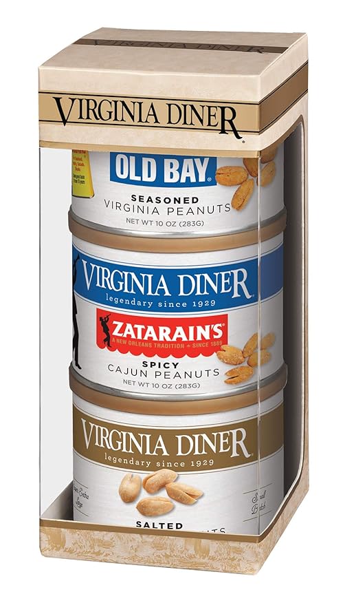 Virginia Diner Virginia Seasoned Triplet Gift Set & Peanut Sampler: Salted, Old Bay, Zatarain's Cajun Peanuts 10 Ounce (Pack of 3)