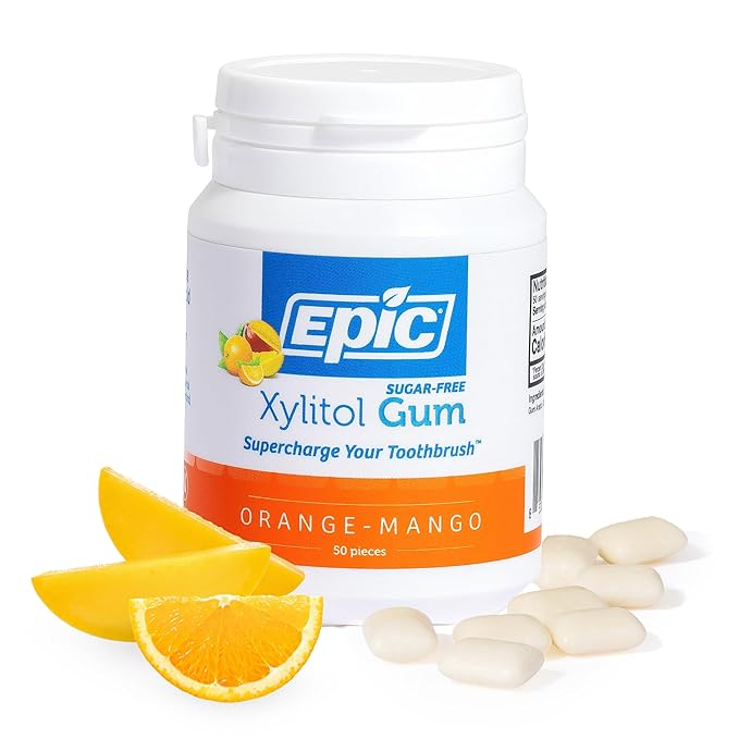 Epic 100% Xylitol Orange Mango Chewing Gum - Sugar Free, Aspartame Free Dental Gum - Supports Oral Health & Fresh Breath - 50 Pieces