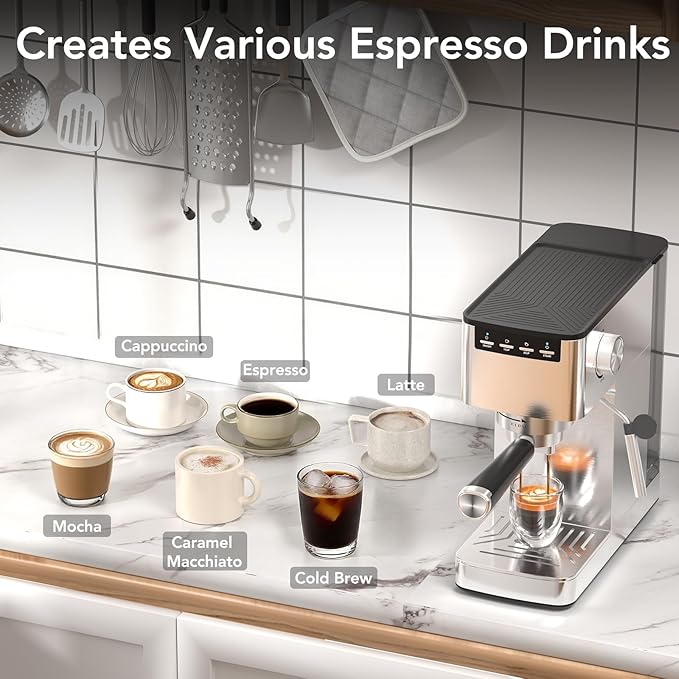 Kndko Espresso Machine 20 Bar, Compact Espresso Coffee Maker with Steam Milk Frother, Stainless Steel Coffee Machine with 40.5oz Removable Water Tank for Espresso, Latte, Cappuccino, Iced Coffee
