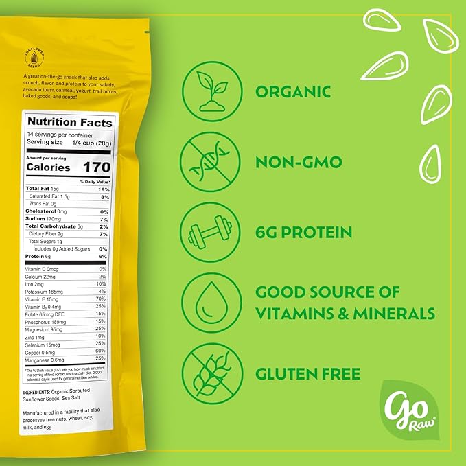 Go Raw Organic Sprouted Sunflower Seeds, 14 oz, Sea Salted, Keto, Kosher, Superfood