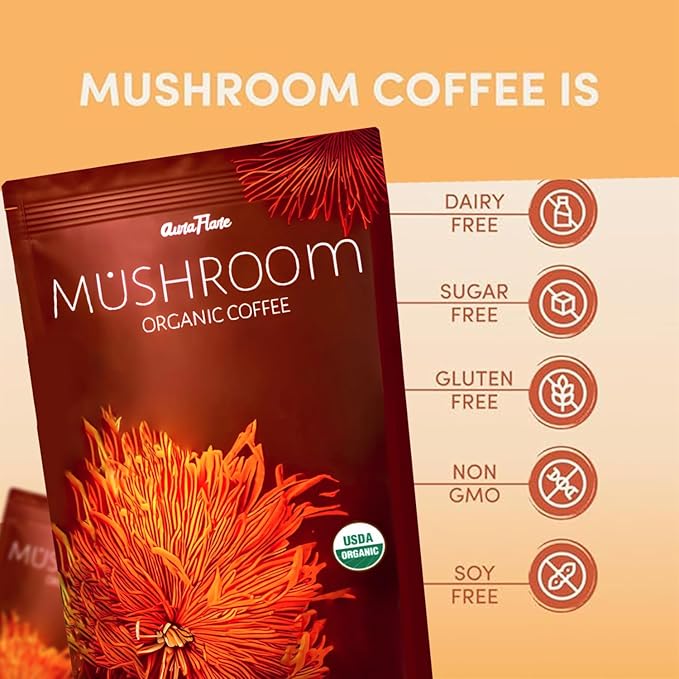 AuraFlare Organic Mushroom Coffee with 7 Adaptogens | USDA Organic Instant Coffee for Energy, Focus, Digestion, Immunity | Cordyceps, Reishi, Lion’s Mane | 30 Servings (1 Pack) + FREE FROTHER