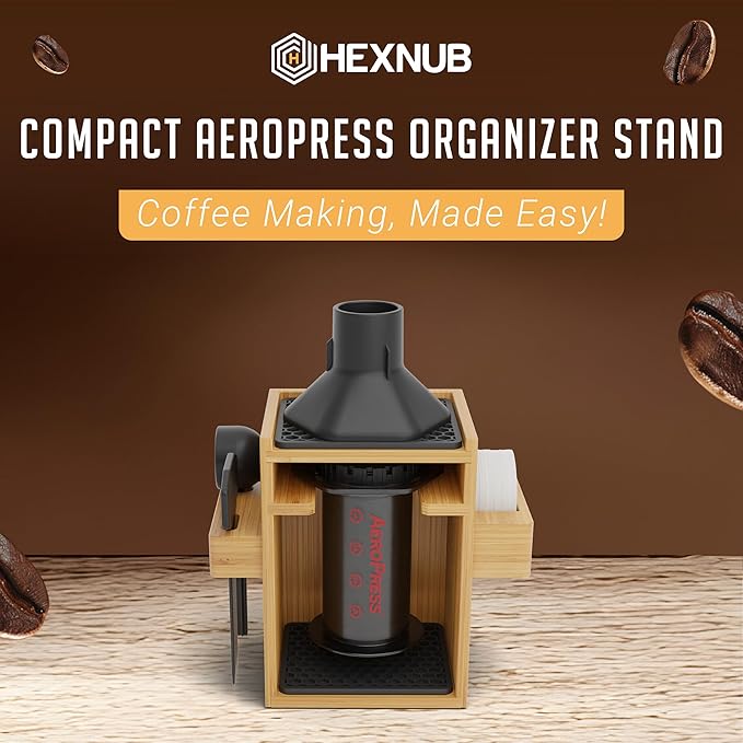 HEXNUB ??Compact AeroPress Organizer Stand, Bamboo Coffee Caddy for AeroPress Coffee Maker, Accessories, Filters, Cups, Includes Mats - Black