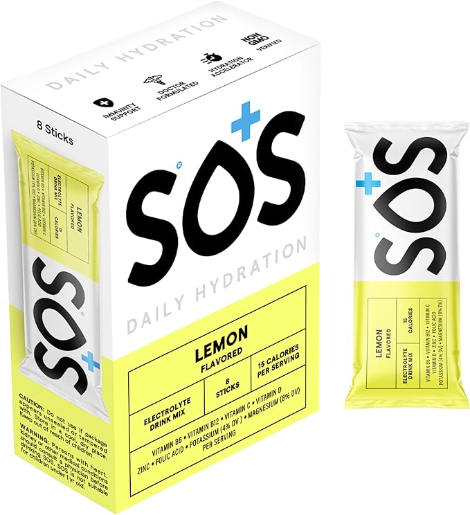 SOS Hydration Electrolyte Powder 8 Stick Packs ??Low-Calorie, Rapid Rehydration, Made in USA, Keto (8 Servings, Lemon)