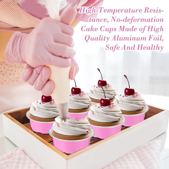 Eaasty 150 Pcs Baking Cups with Lids, 1.6 oz Muffin Cupcake Liners Aluminum Foil Mini Cake Pans Small Disposable Ramekins Flan Containers with Lids for Weddings, Birthday, Various Holiday (Pink)