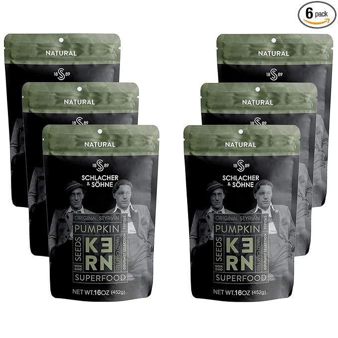 Schlacher & Söhne Styrian Pumpkin Seeds, 100% Pure & Natural, Premium Quality Pepitas, Healthy Snacks, Raw, Fresh Superfood, Unsalted, Full of Proteins, Made in Austria (1 Pound 6 pack, Natural Seeds)