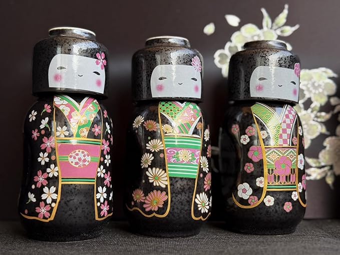 Japanese Traditional Kokeshi Design Sake Wine Soju Ceramic Set with 1 Ochoko Cup and 1 Tokkuri Bottle Gifts (Kokeshi Ume Komachi)
