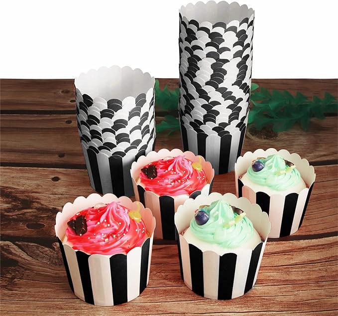 100 Pack Muffin Liners Baking Paper Cups Black and White Stripes Cupcake Liners Elegent Muffins Baking Cups Cupcake Wrappers for Birthday Parties, Weddings, Bottom Dia 2.36 Inch