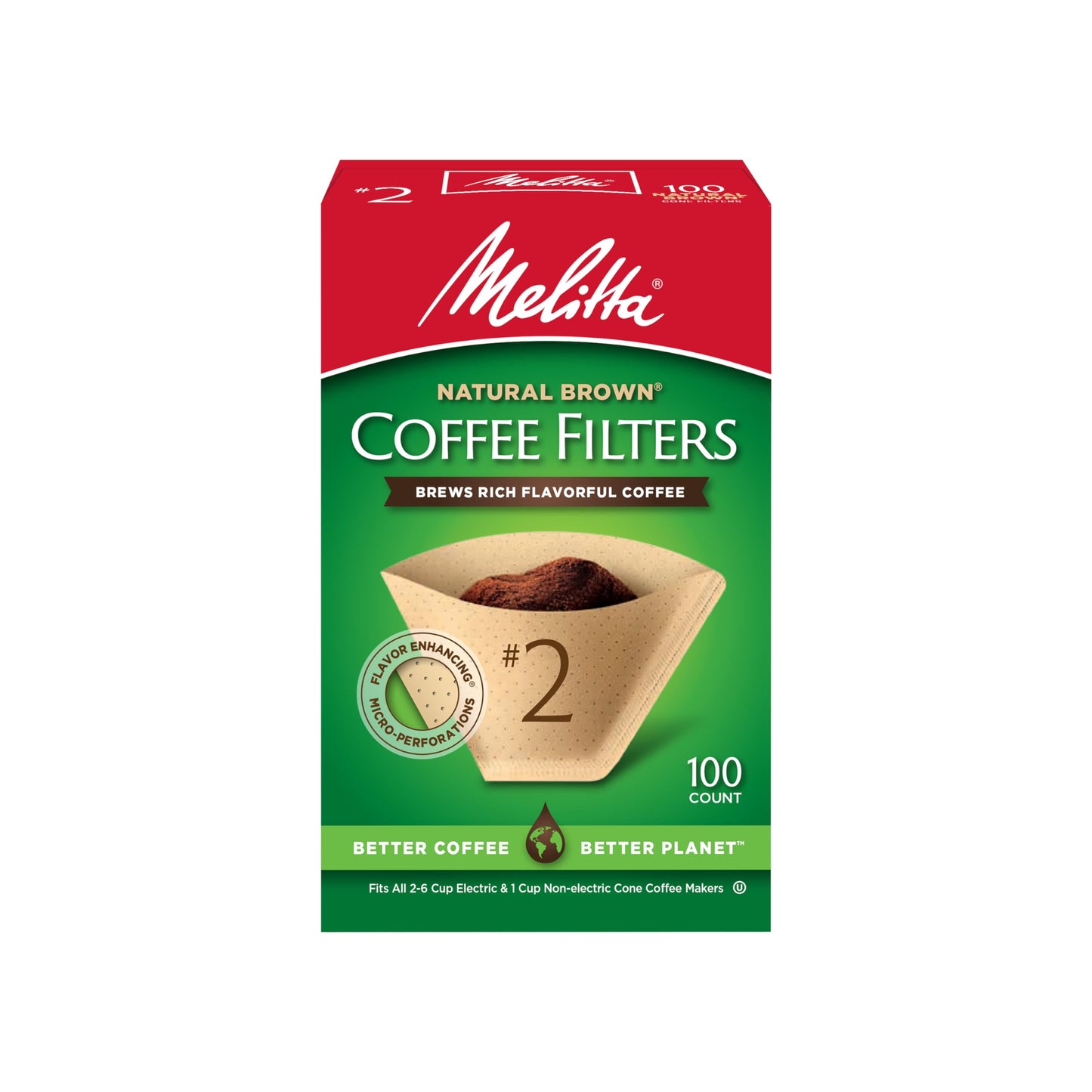 Melitta #2 Cone Coffee Filters, Natural Brown, 100 Count - Fits all 2-6 Cup Cone Coffee Makers and