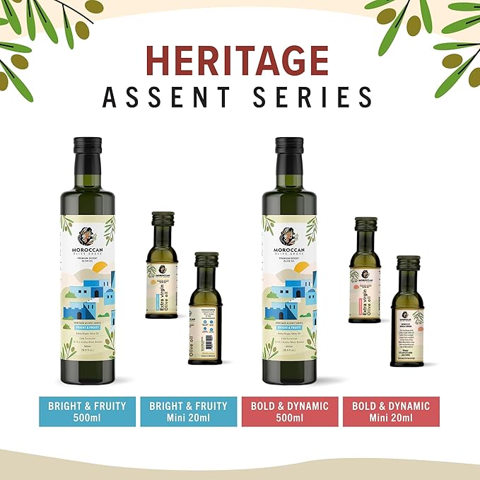 MOROCCAN OLIVE GROVE - The Red Olive Oil, Bold & Dynamic Cold-Pressed Desert Olive Oil Extra Virgin, Versatile Cooking Essential Made from Single-Origin Fresh Olives, 50-Pack, 20 ml per Travel Bottle