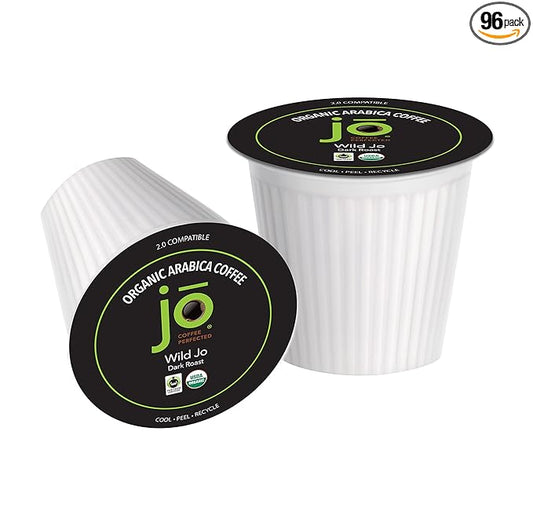 WILD JO: 96 Cups Dark French Roast Organic Coffee for Keurig K-Cup Compatible Brewers, Fresh Seal Single Serve Cups, Bold Strong Rich Wicked Good, Fair Trade Certified, Kosher, Non-GMO, Gluten Free
