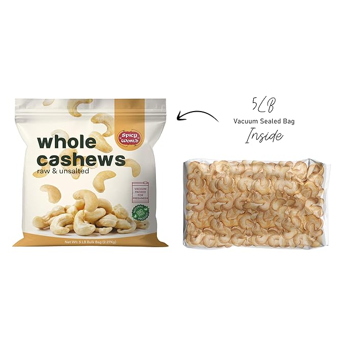 Spicy World Raw Cashews 5 LB (80oz) Bulk - Non-GMO, Gluten Free, Peanut Free, No Additives, Unsalted Natural & Pure Whole Cashews - Great for Pesto, Salads, Baking, Roasting & Cooking
