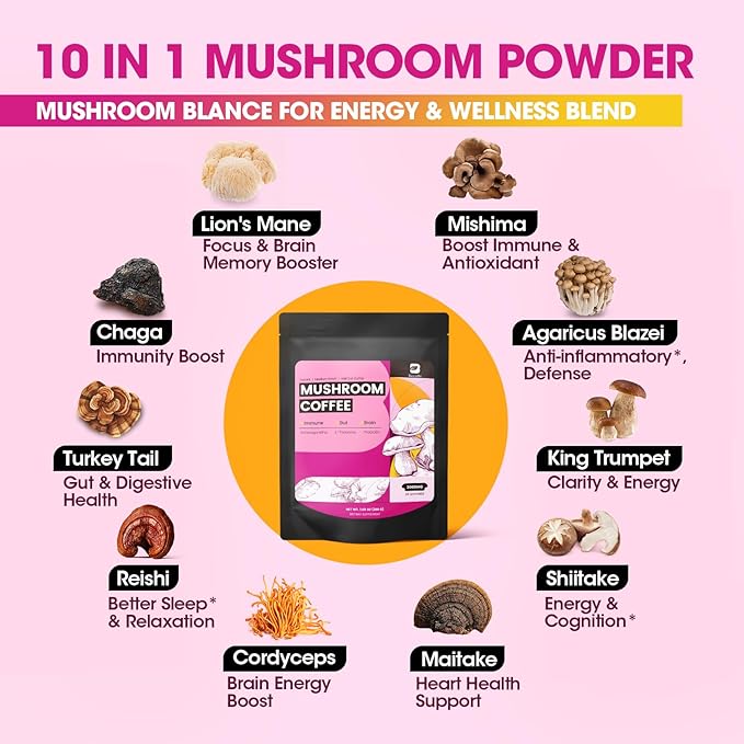 B BEWORTHS Mushroom Coffee, Slim Mushrooms Coffee Powder with Ashwagandha, Prebiotics, L-theanine, Lion's Mane, Reishi, Chaga, Turkey Tail, Mixed Arabica Instant Coffe for Focus, Immune & Gut Health