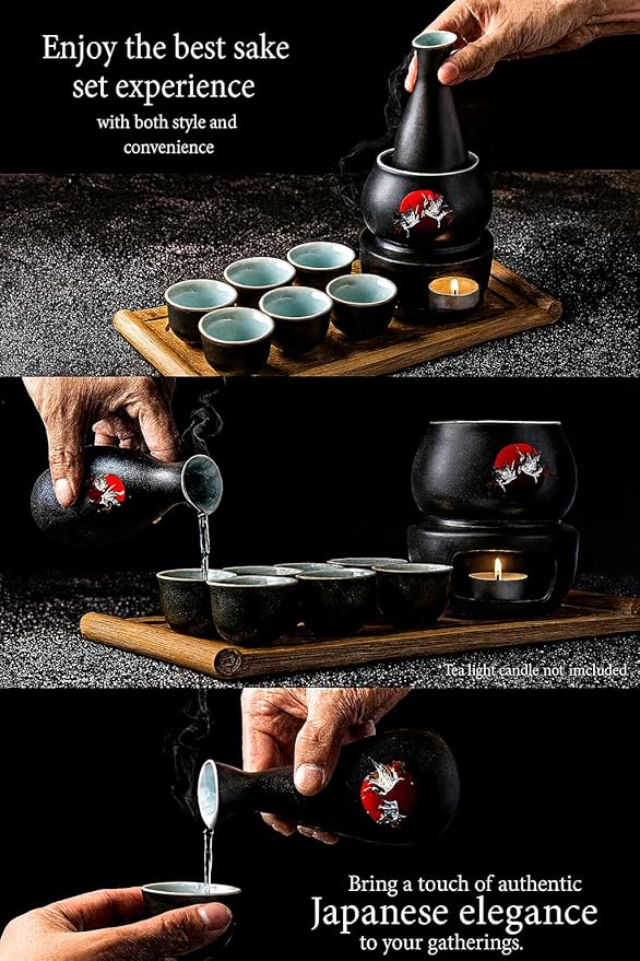 Japanese Sake Cup Set with 6 Ceramic Cups, 1 Ceramic Sake Bottle, 1 Ceramic Sake Warmer, Bamboo Tray, and Cloth Carrying Case - Perfect Hot Sake Set for Authentic Japanese Experience (Black/White)