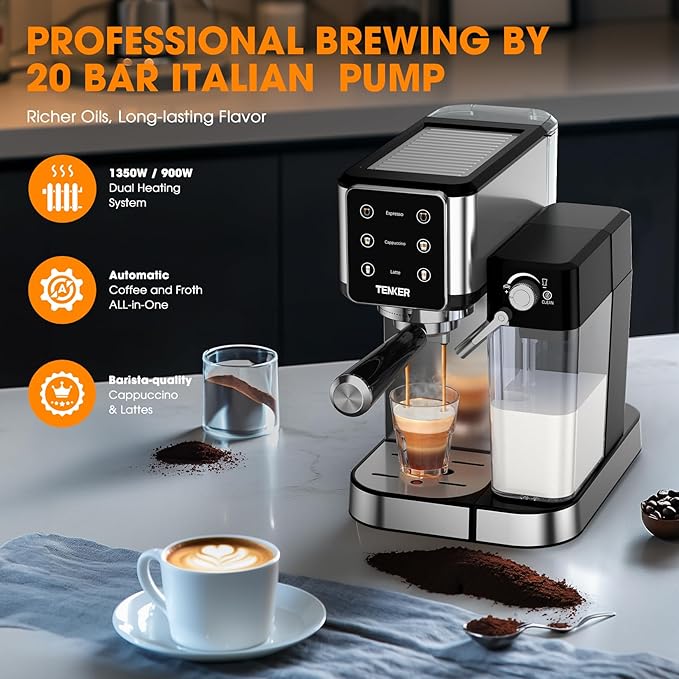 TENKER Espresso Machine, 20 Bar Cappuccino Machine with Automatic Milk Frother, 3-in-1 Coffee Machine, 1350W Dual Boiler Latte Maker, Touchscreen Espresso Coffee Maker, Stainless Steel