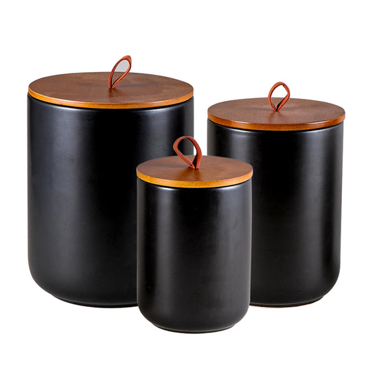 Mowtanco Ceramic Canister Set (30 oz, 48 oz, 82 oz) – Black Ceramic Jar Set with Airtight Bamboo
