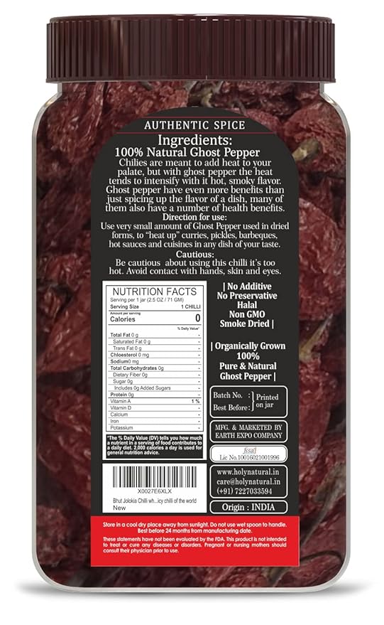 Ghost Pepper Chili Whole (Bhut Jolokia Chili/Ghost Pepper Pod) ??2.5 oz/71 gm, 100% Pure, Smoked, Hottest & Spicy Chili of the world, Add Unique, Delicious, and Smoky Flavour to Your Favourite Dishes