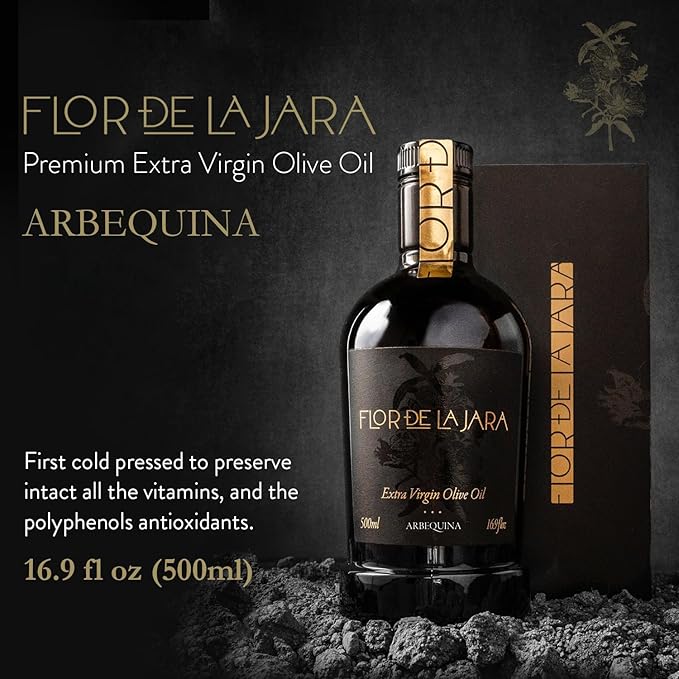 FLOR DE LA JARA Premium Extra Virgin Olive Oil from Spain, First Cold Pressed, Monovarietal Arbequina, Hand-Harvested Olives, Family-Owned Grove, Low Acidity (0.1%), 16.9 fl oz (500ml)