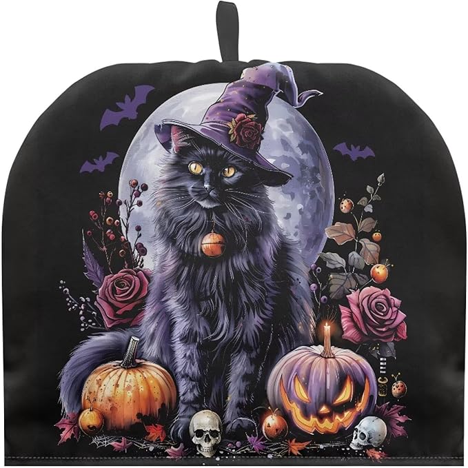 Halloween Teapot Dust Cover Tea Cozy for Teapot,Foldable Kitchen Kettle Dust Tea Pot Decorative Cover for Kitchen,Tea Cosy Jack-o'-Lantern Cat Print