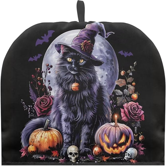 Halloween Teapot Dust Cover Tea Cozy for Teapot,Foldable Kitchen Kettle Dust Tea Pot Decorative Cover for Kitchen,Tea Cosy Jack-o'-Lantern Cat Print