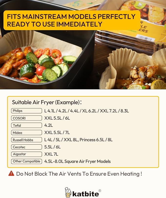 Katbite Air Fryer Liners Disposable - 8 inch Square Non-Stick Airfryer Paper Liners, Unbleached Parchment Paper for 5 to 8 Qt Basket, Frying, Baking, Cooking, Roasting, Easy Cleanup, 130pcs