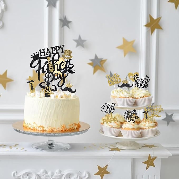 Wootkey Happy Father?쁲 Day Cake Topper Glittery 'Best Dad Ever' 25Pcs Black Gold Cupcake Toppers, Ideal for Father's Day & Men's Birthday Theme Cake Decorations Party Supplies