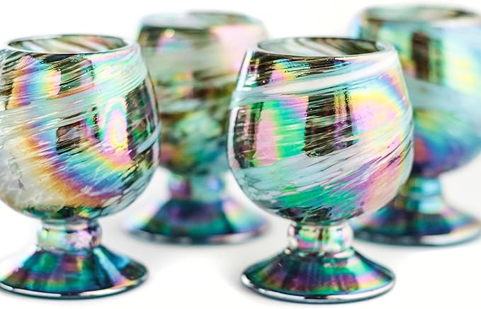 Authentic Mexican Tequila Hand Blown Shot Glasses - Set of 4-2 oz - Mini Glass Snifters - Heavy Base - Cognac (Aurora Borealis)