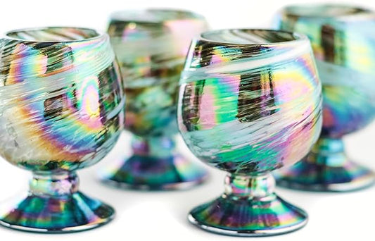 Authentic Mexican Tequila Hand Blown Shot Glasses - Set of 4-2 oz - Mini Glass Snifters - Heavy Base - Cognac (Aurora Borealis)