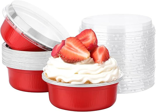 Beasea Ramekins with Lids, 20 Pack 8.8oz 260ml Disposable Aluminum Cups for Baking 4 Inch Small Round Aluminum Foil Cupcake Pudding Baking Cups for Party - Red