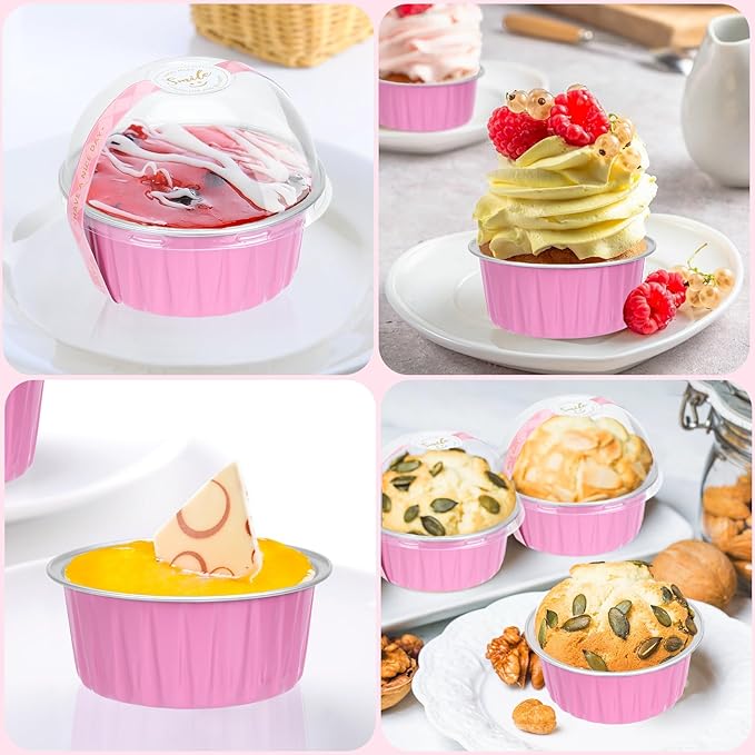 Mini Cake Pans with Lids and Spoons (40 Pack,Pink,5oz) Round Disposable Ramekins - Sturdy Aluminum Foil Cupcake Liners with Lids for Dessert and Party