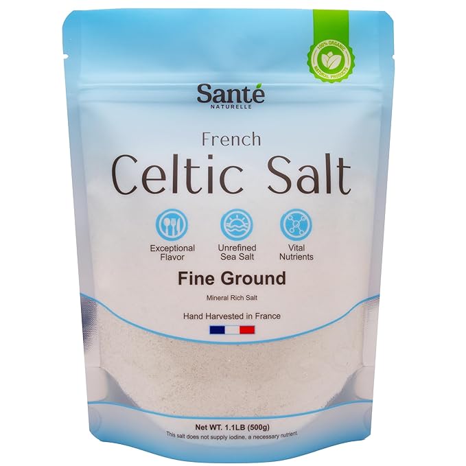 Sante Fine Ground Sea Salt From the Celtic Sea - 1.1lb (18oz) Unrefined French Sea Salt Organic, Rich in 82+ Minerals Salt, 100% Natural & Hand Harvested