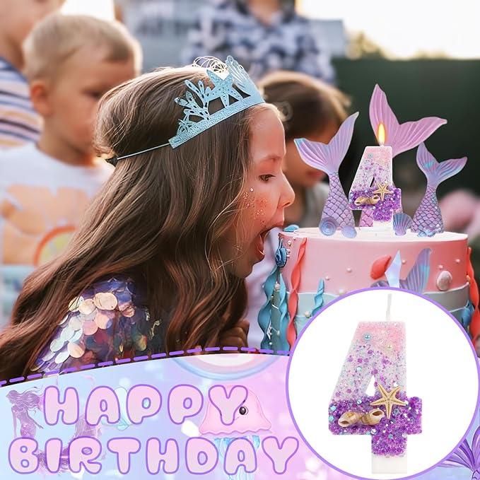Purple Mermaid Party Number 4 Cake Candles, 2.76 inch Birthday Candle, Cake Topper Decoration for Birthday Party (Number 4)