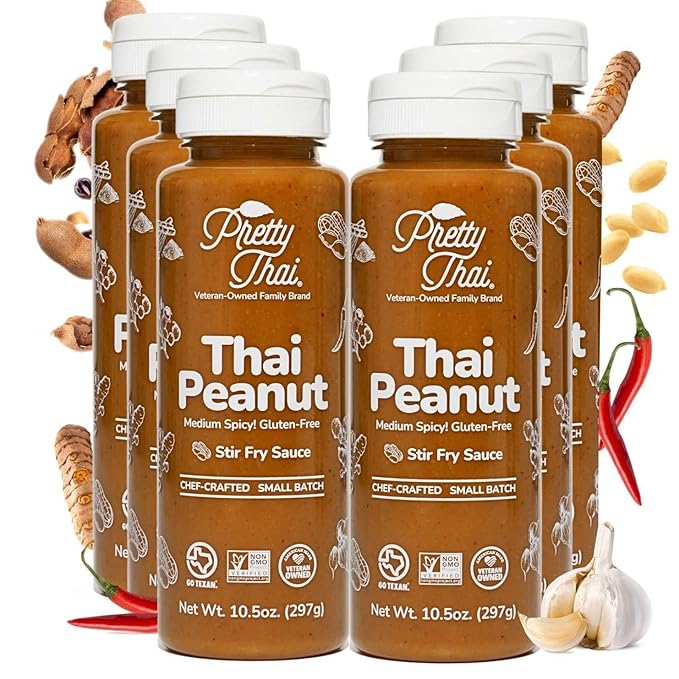 Pretty Thai Peanut Sauce, Gluten Free Certified Non-GMO Vegan Authentic Stir Fry, Dressing, Rice Seasoning, Condiment & Dipping Sauce, 100% Natural (Pack of 6)