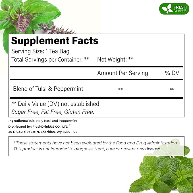 FreshDrinkUS, Premium Tulsi Peppermint Herbal Tea ??55 Tea Bags, 100% Natural, Blend of Tulsi Holy Basil Leaves, and Peppermint Leaves. Made with Natural Material Tea Bags. No Sugar, Vegan.
