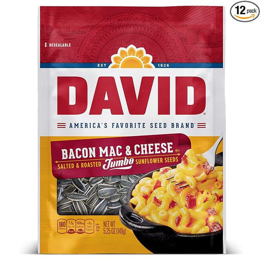 DAVID Roasted and Salted Jumbo Sunflower Seeds, Bacon Mac and Cheese Flavor, 5.25oz. (Pack of 12)