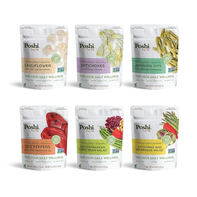 POSHI Marinated Vegetables Variety Pack | All Natural, Fully Cooked, Ready-to-Eat, Keto, Vegan, Paleo, Non GMO, Low Calorie, Gluten Free, Pentry Food, Gourmet, Healthy (6 Pack)