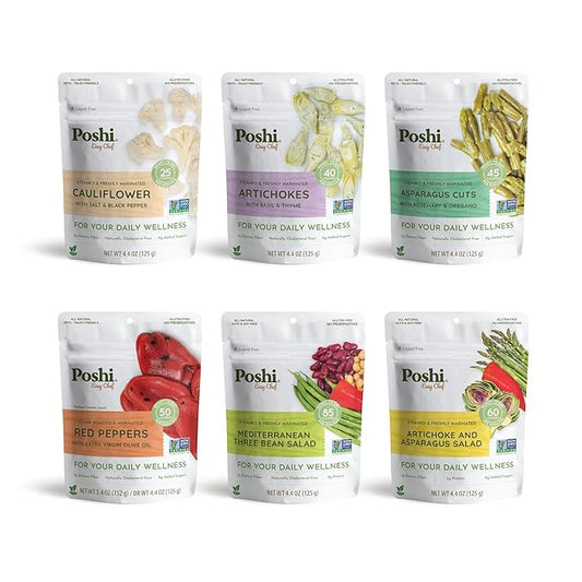 POSHI Marinated Vegetables Variety Pack | All Natural, Fully Cooked, Ready-to-Eat, Keto, Vegan, Paleo, Non GMO, Low Calorie, Gluten Free, Pentry Food, Gourmet, Healthy (6 Pack)