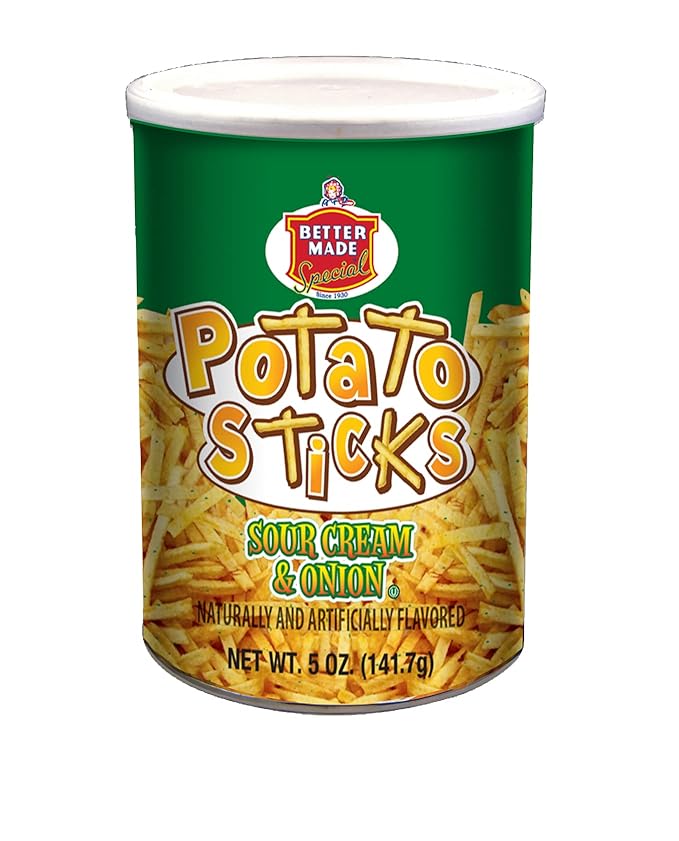 Better Made Potato Sticks 5oz Canister - Shoestring Potato Sticks - Gluten Free - Crunchy, Crispy Snack from Fresh Potatoes - Resealable Lid (Sour Cream & Onion, Single Can)