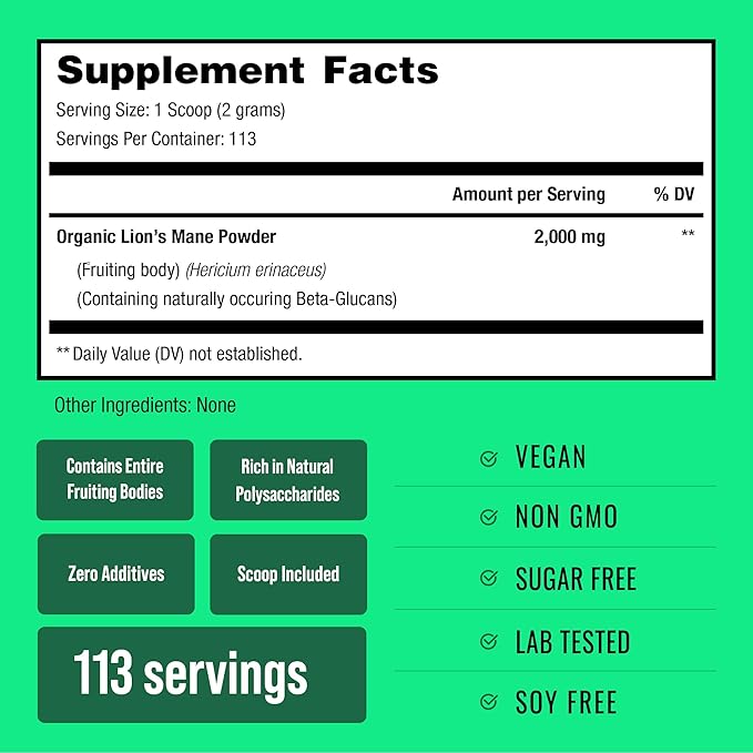 NutraChamps Organic Lions Mane Powder - 2000mg Powerful Nootropic for Memory, Focus, Immune Support - Vegan Lion?™s Mane Mushroom Powder Supplement with Naturally Occurring Beta-Glucans - 8oz