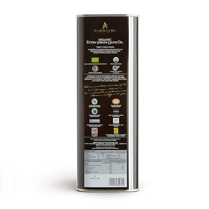 Atlas 3 LT Organic Cold Press Extra Virgin Olive Oil with Polyphenol Rich from Morocco|Newly Harvested Unprocessed from One Single Family Farm | Moroccan EVOO Trusted by Award-Winning Chefs