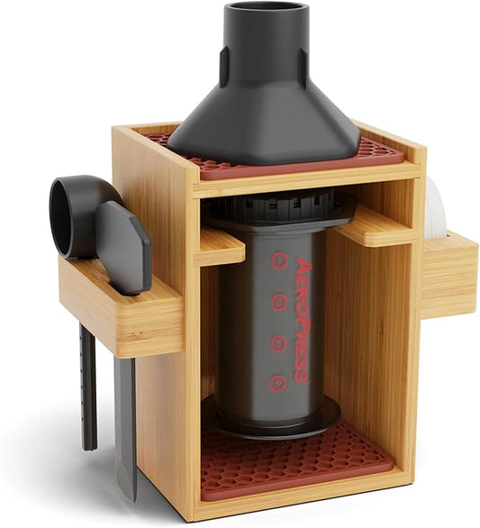 HEXNUB ??Compact AeroPress Organizer Stand, Bamboo Coffee Caddy for AeroPress Coffee Maker, Accessories, Filters, Cups, Includes Mats - Brown