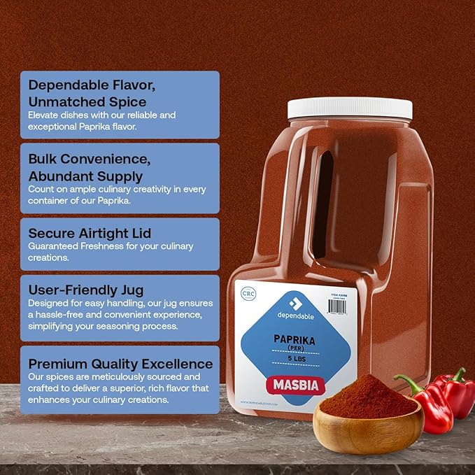 Dependable Foods Paprika Spice ??5 Lb. Bulk Jar ?? 100% Natural, Non-GMO, No Additives, Salt-Free Seasoning | Kosher, Allergen-Free