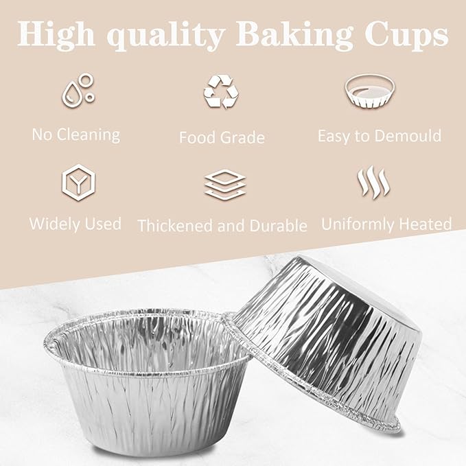 Aluminum Foil Baking Cups 150 Pcs, VIHOYOM 4 Oz Disposable Ramekin Aluminum Cupcake liners, Silver Foil Baking Cups Muffin Liners for Egg Tart, Baking, Cupcake, Pudding, Appetize