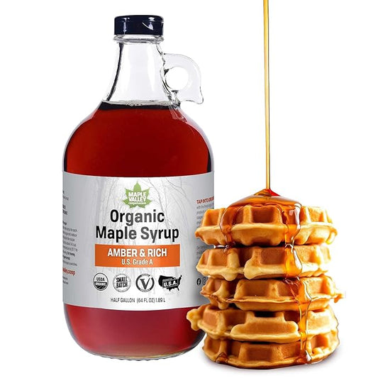 Maple Valley Organic Pure Maple Syrup, Amber and Rich, Better Than Pancake Syrup, Use for Coffee or All-Natural Sugar Substitute in Cooking and Baking (64oz Glass Bottle)