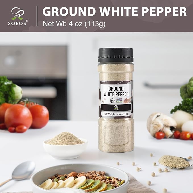 Soeos Ground White Pepper, 4 oz, Non-GMO, Kosher Certified, Fresh, Aromatic and All-Natural, White Peppercorns Powder, Perfect for Barbecue, Stir-Fry, Soup