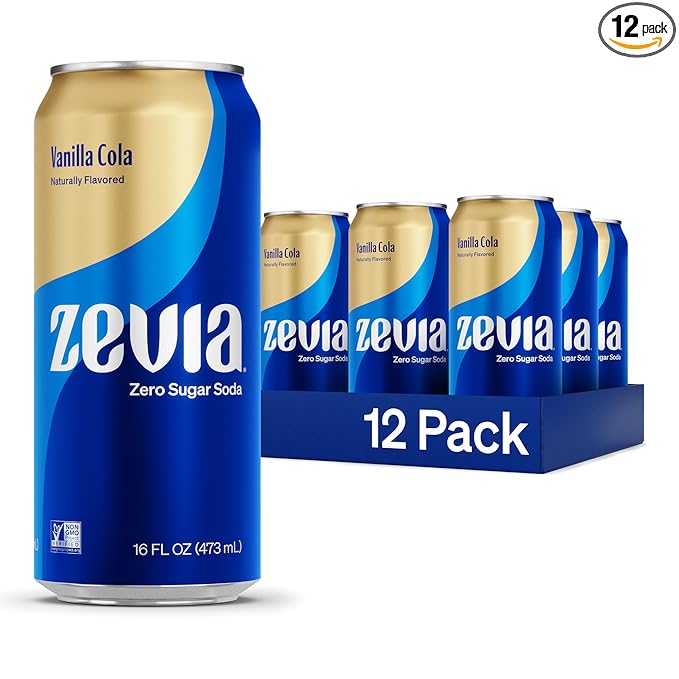 Zevia Zero Sugar Soda, Vanilla Cola, 16 oz Cans (12-Pack) ??Naturally Sweetened, Non-GMO Project Verified, Gluten-Free, Vegan