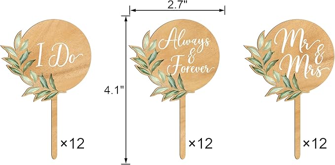 36 PCS Wedding Cupcake Toppers Green Mr & Mrs Wedding Cake Cupcake Decorations in Wood