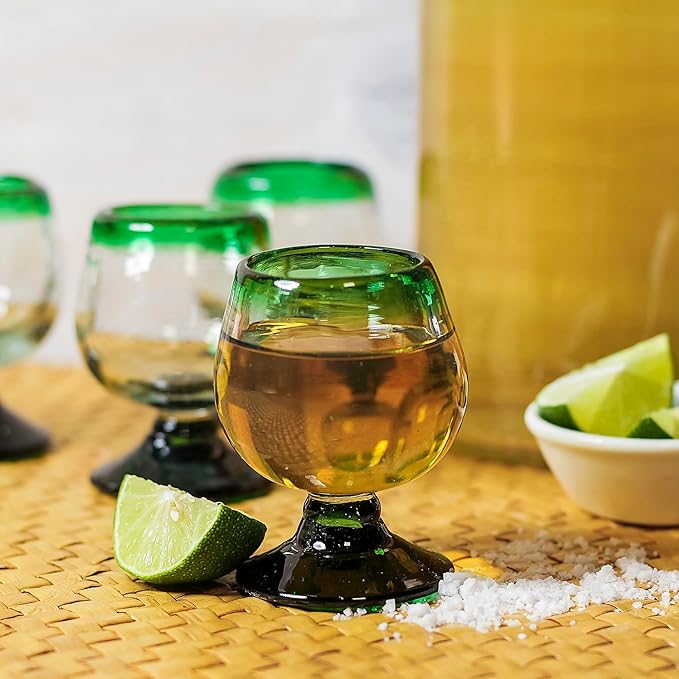 Authentic Mexican Tequila Hand Blown Shot Glasses - Set of 4-2 oz - Mini Glass Snifters - Heavy Base - Cognac (Green Rim)