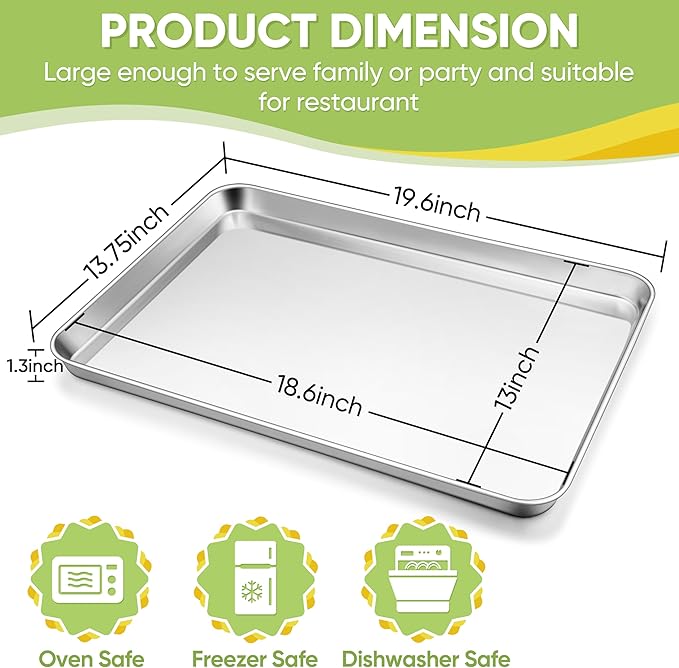 TeamFar Stainless Steel Baking Sheet, 20’’ x 14’’ Large Baking Sheet Pan Bakeware Set Cookie Sheets for Baking, Roasting, Cooking, Non Toxic, Mirror Finish & Dishwasher Safe