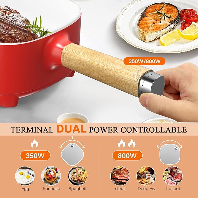 Audecook Hot Pot Electric 2L, Cermic Glaze Non-Stick Frying Pan 8 Inch, Portable Travel Cooker for Ramen/Steak/Fried Rice/Oatmeal/Soup, with Dual Power Control (Silicone Spatula Included)